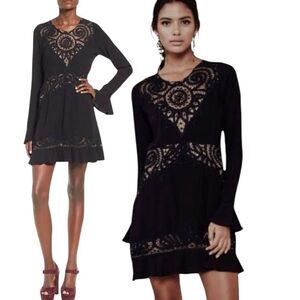 For Love And Lemons Black Valentina Lace  Fit And Flare Long Sleeve Dress Large